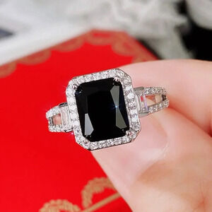 925 Sterling Silver Black Sapphire Diamond Ring
